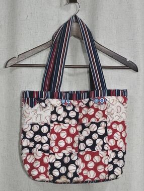 Quilted Patchwork Baseball Tote Bag in Red, Navy & Cream